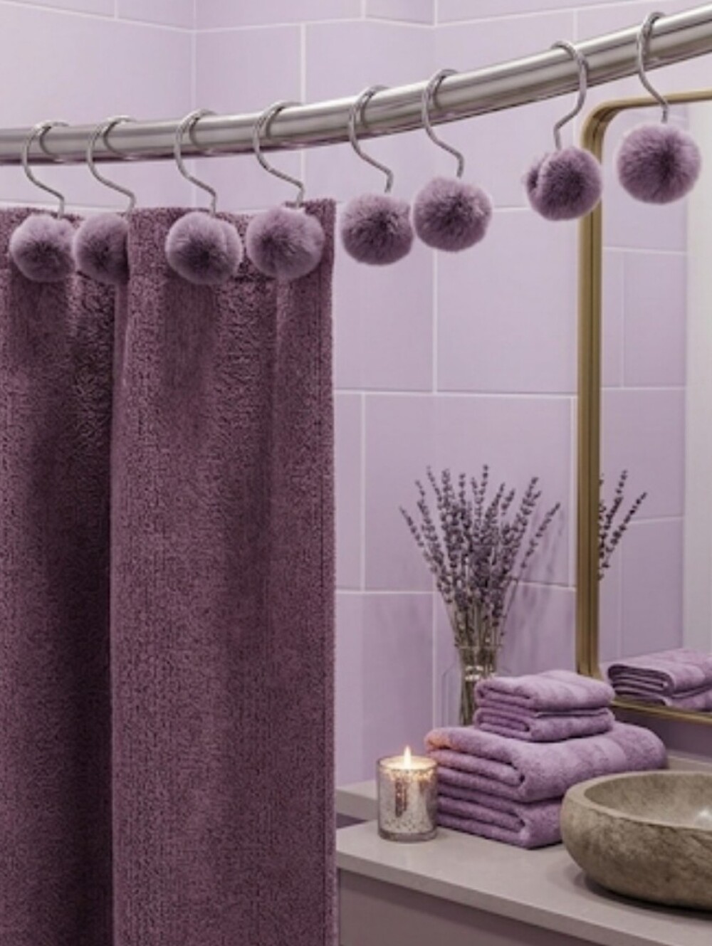 ​💜 Wild Sage Rochell Faux Fur Pom Pom Shower Curtain Hooks - Mauve Orchid GUC